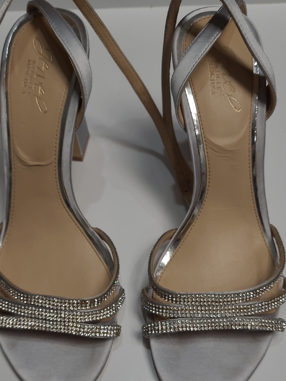 Jewel Badgley Mischka Silver Rhinestone Strap High Heel Sandals - Size 10